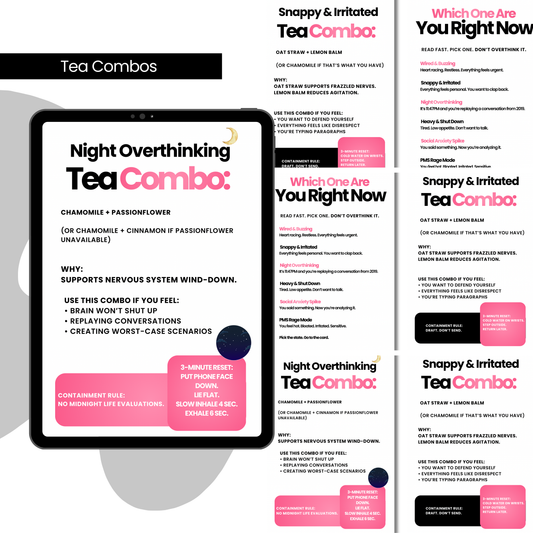 Stop The Spiral™
A Nervous System Tea Deck for Overthinking, Anxiety & PMS Mood Swings